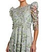 Mac Duggal Embroidered Floral Lace Crew Neck 3/4 Puff Sleeve A-Line Midi Dress, Color:Sage - Image 3