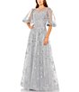 Color:Sterling - Image 1 - Embroidered Illusion Crew Neck Short Puffed Sleeve Gown