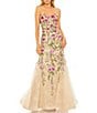 Color:Pink Multi - Image 1 - Embroidered Strapless Sheer Bustier Mermaid Gown