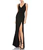 Color:Black - Image 1 - Faux Wrap Thigh High Slit V-Neck Sleeveless Gown
