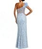 Color:Powder Blue - Image 2 - Feathered One Shoulder Embroidered Applique Gown