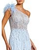 Color:Powder Blue - Image 3 - Feathered One Shoulder Embroidered Applique Gown