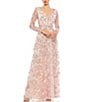 Color:Rose Pink - Image 1 - Floral Applique Split V-Neck Illusion Long Sleeve Gown