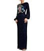 Color:Midnight - Image 1 - Floral Beaded Sequin Long Sleeve Blouson Gown