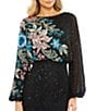 Color:Black Multi - Image 3 - Floral Beaded Sequin Long Sleeve Blouson Gown