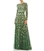 Color:Sage - Image 1 - Floral Beaded Crew Neck Long Sleeve Pleated Chiffon Gown