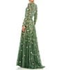 Color:Sage - Image 2 - Floral Beaded Crew Neck Long Sleeve Pleated Chiffon Gown