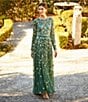 Color:Sage - Image 5 - Floral Beaded Crew Neck Long Sleeve Pleated Chiffon Gown