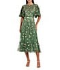 Mac Duggal Floral Beaded Mesh Flutter Sleeve Midi Dress, Color:Sage - Image 1