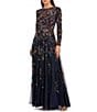 Mac Duggal Floral Beaded Mesh Long Sleeve A-Line Gown, Color:Midnight Multi - Image 1