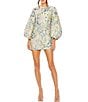 Mac Duggal Floral Brocade Crew Neckline Long Puff Sleeve Mini Dress, Color:Pastel Multi - Image 1