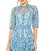 Color:Blue Multi - Image 3 - Floral Print Chiffon Short Puffed Sleeve High Neck Midi Dress