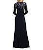Mac Duggal Floral Embellished Knit Crew Neck Long Sleeve Gathered Side Gown, Color:Midnight - Image 2