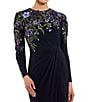 Mac Duggal Floral Embellished Knit Crew Neck Long Sleeve Gathered Side Gown, Color:Midnight - Image 3