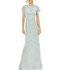 Mac Duggal Floral Embellished Mesh Crew Neck Short Flutter Sleeve Gown, Color:Periwinkle - Image 1