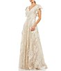 Color:Ivory Nude - Image 1 - Floral Embellished V-Neck Short Ruffle Sleeve Ball Gown