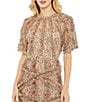 Mac Duggal Floral Print Ruffle Embellished Short Flutter Sleeve Crew Neck Midi Dress, Color:Beige Multi - Image 3