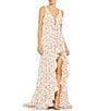 Mac Duggal Floral Print Sleeveless Ruffle Tiered High-Low Plunging V-Neck Gown, Color:Pink Multi - Image 1