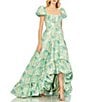 Color:Spring Green - Image 1 - Floral Print Square Neck Short Puffed Sleeve High-low Brocade Ball Gown