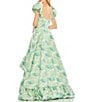 Color:Spring Green - Image 2 - Floral Print Square Neck Short Puffed Sleeve High-low Brocade Ball Gown