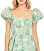 Color:Spring Green - Image 3 - Floral Print Square Neck Short Puffed Sleeve High-low Brocade Ball Gown