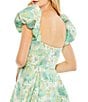 Color:Spring Green - Image 4 - Floral Print Square Neck Short Puffed Sleeve High-low Brocade Ball Gown