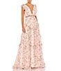 Mac Duggal Floral Print Tiered Ruffle Hem Deep V-Neck Sleeveless Embellished Waist Open Back Gown, Color:Pink Multi - Image 1