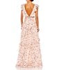 Mac Duggal Floral Print Tiered Ruffle Hem Deep V-Neck Sleeveless Embellished Waist Open Back Gown, Color:Pink Multi - Image 2