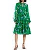 Color:Green Multi - Image 1 - Floral Printed Chiffon High Keyhole Neck Long Bishop Sleeve Tiered Tie Waist Ruffle A-Line Dress