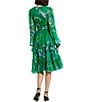 Color:Green Multi - Image 2 - Floral Printed Chiffon High Keyhole Neck Long Bishop Sleeve Tiered Tie Waist Ruffle A-Line Dress