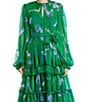 Color:Green Multi - Image 3 - Floral Printed Chiffon High Keyhole Neck Long Bishop Sleeve Tiered Tie Waist Ruffle A-Line Dress