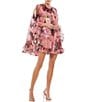 Color:Rose Multi - Image 1 - Floral Ruffle Jewel Neckline Cape Sleeve Mini Dress