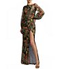 Mac Duggal Floral Print Sequin Boat Neck Long Sleeve Front Slit Gown - Image 1