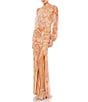 Color:Apricot - Image 1 - Floral Print Sequin Boat Neck Long Sleeve Front Slit Gown