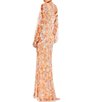 Color:Apricot - Image 2 - Floral Print Sequin Boat Neck Long Sleeve Front Slit Gown