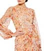 Color:Apricot - Image 3 - Floral Print Sequin Boat Neck Long Sleeve Front Slit Gown