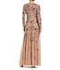 Mac Duggal Floral Sequin Embellished Mesh High Neck Long Sleeves Beaded Waist A-Line Gown Gown, Color:Mocha - Image 2