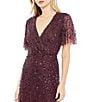 Mac Duggal Flutter Short Sleeve Surplice V-Neck Beaded Sheath Gown, Color:Aubergine - Image 3