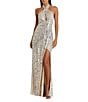 Mac Duggal Halter Keyhole Neck Sequin Front Slit Column Gown, Color:Nude Silver - Image 1