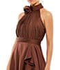 Mac Duggal Halter Mock Neck Sleeveless Ruffle High-Low A-Line Dress, Color:Chocolate - Image 3