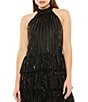 Color:Black - Image 3 - Halter Neck Tiered Sequin Mesh A-Line Dress