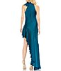Color:Teal - Image 2 - Halter Tie Mock Neck Tiered Ruffle High-Low Hem Gown