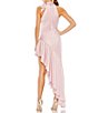 Color:Rose - Image 2 - Halter Tie Mock Neck Tiered Ruffle High-Low Hem Gown