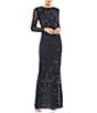 Mac Duggal Illusion Long Sleeve Sequin Column Gown, Color:Midnight - Image 1