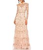 Color:Blush - Image 1 - Illusion Mock Neck Long Sleeve Tiered Ruffled A-Line Gown