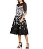 Color:Black Multi - Image 1 - Illusion Sleeve 3D Floral A-Line Midi Dress