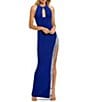 Color:Cobalt - Image 1 - Jersey Halter Neck Sleeveless Front Cutout Sequin Beaded Slit Gown