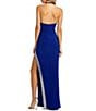 Color:Cobalt - Image 2 - Jersey Halter Neck Sleeveless Front Cutout Sequin Beaded Slit Gown