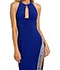 Color:Cobalt - Image 3 - Jersey Halter Neck Sleeveless Front Cutout Sequin Beaded Slit Gown