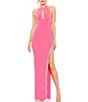 Color:Candy Pink - Image 1 - Jersey Halter Neck Sleeveless Front Cutout Sequin Beaded Slit Gown